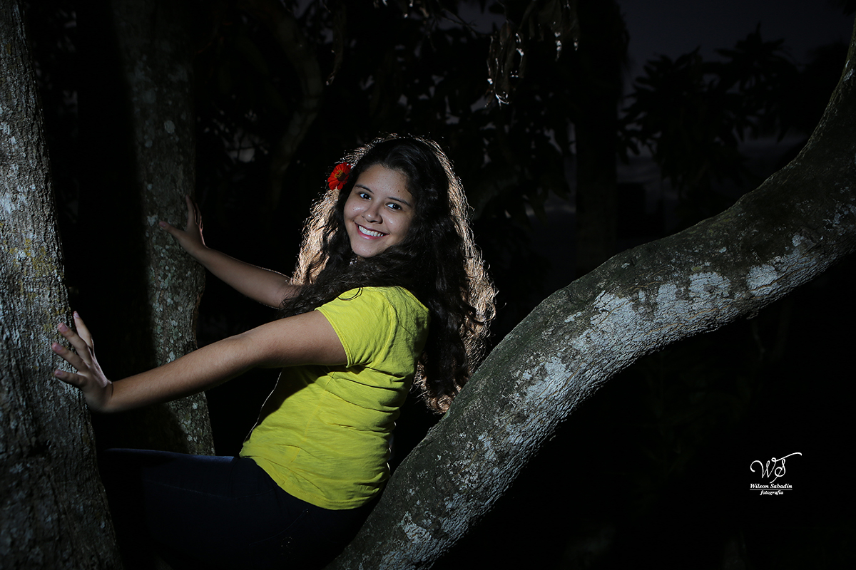 fotografia de 15 a debutante com flor vermelha na cabeça entre a árvore