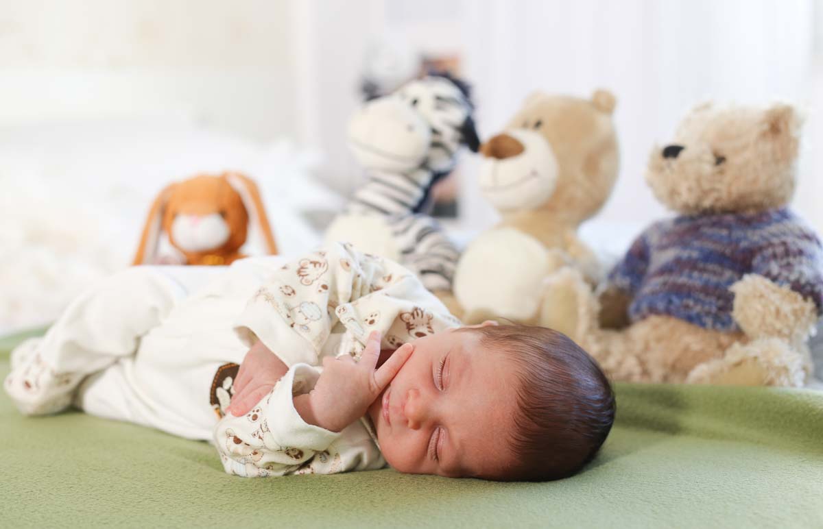 Fotografia de newborn em Salvador, o bebe mexendo as mãozinhas e com os bichos