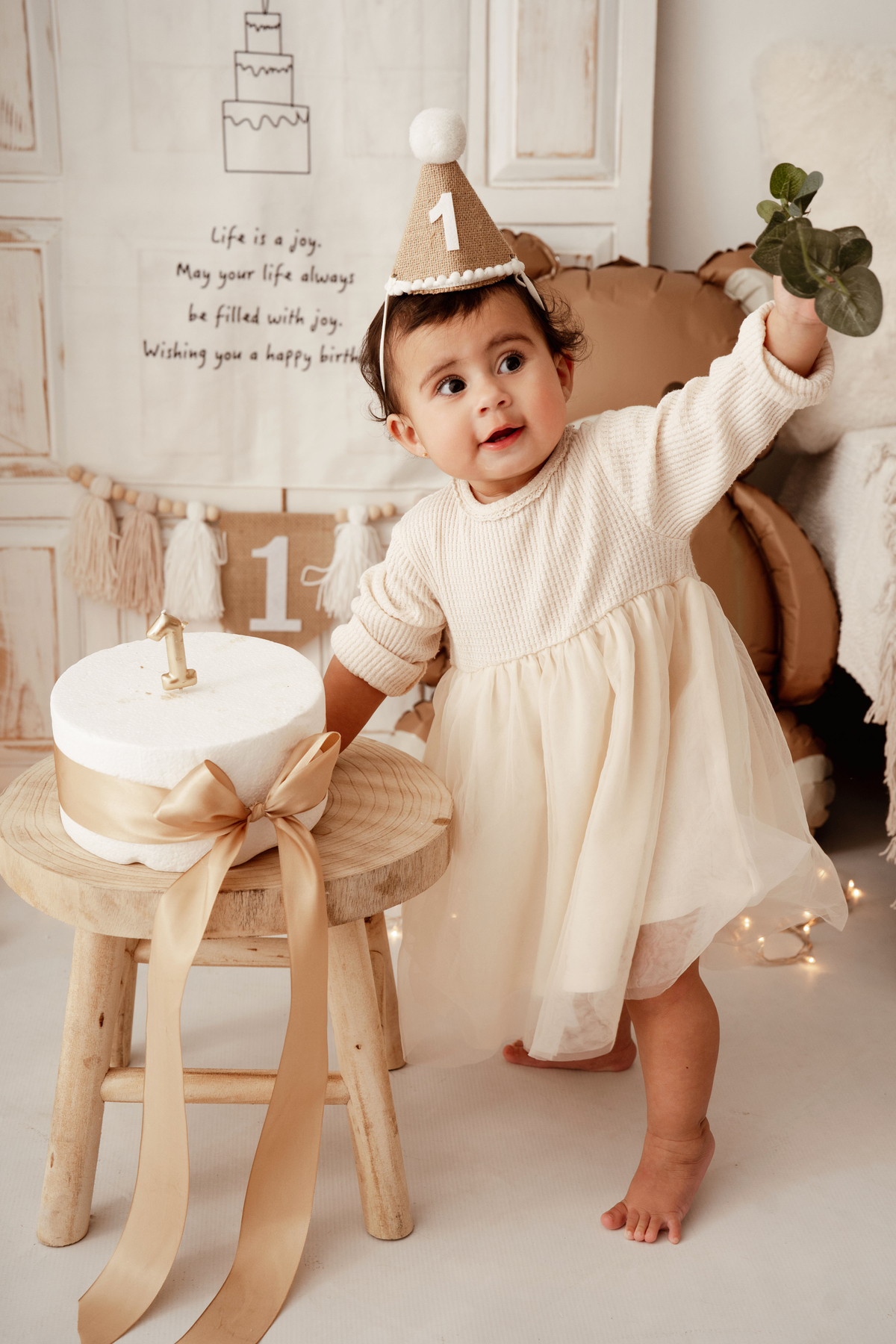 Fotografia de bebé com bolo de 1º aniversário em cenário delicado
