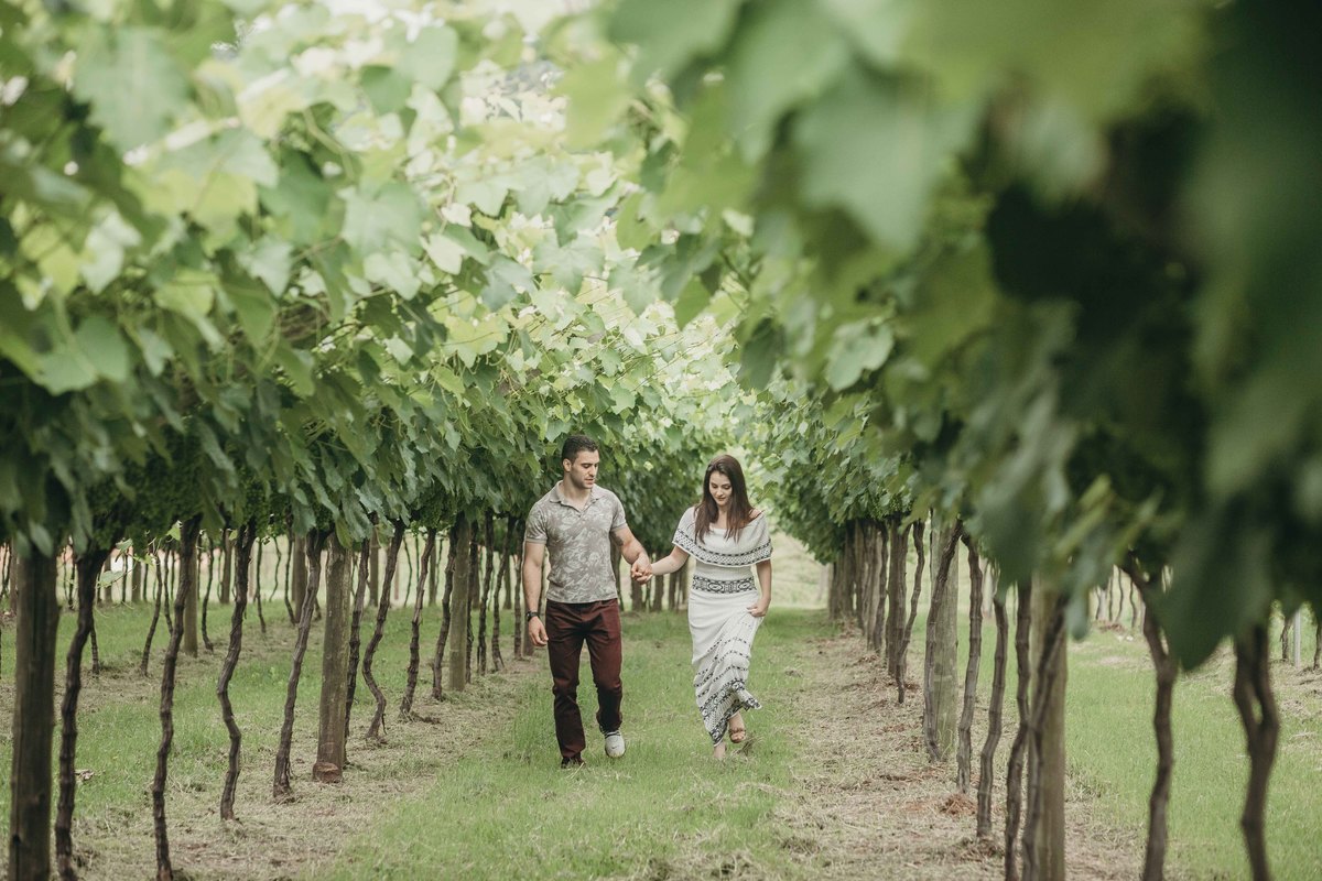 casal caminhando em plantacao de uva