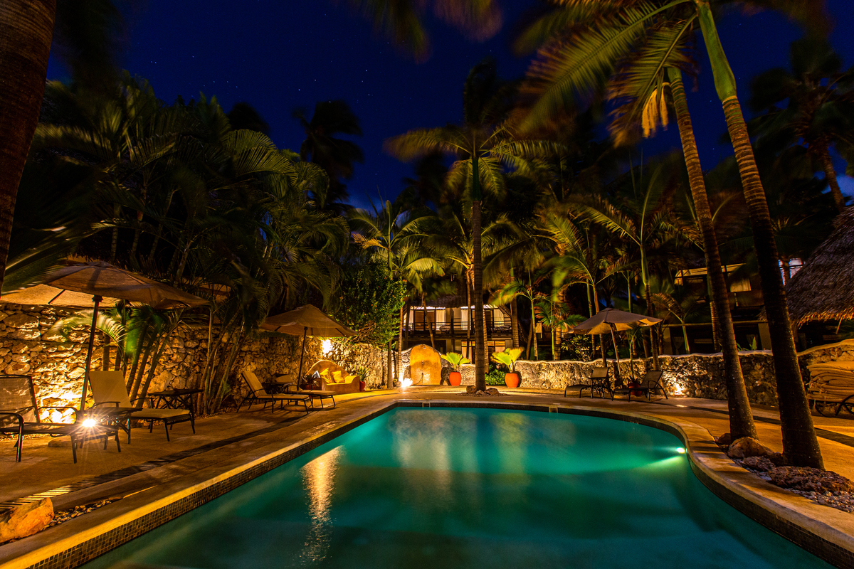 Fotos profissionais para hotéis na praia. Palmeiras e piscina de noite.  