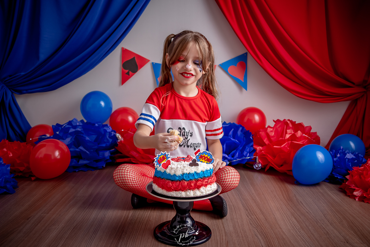 Ensaio Infantil - Arlequina - Esquadrão Suicida - Smash the Cake - 7 anos