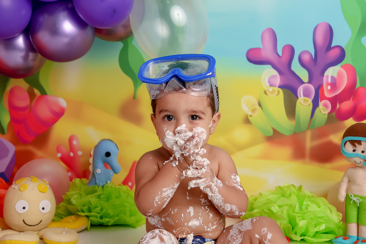 Smash the cake - menino mergulhador - fundo do mar - mar - foto de criança - ensaio 1 ano - cenário fundo do mar