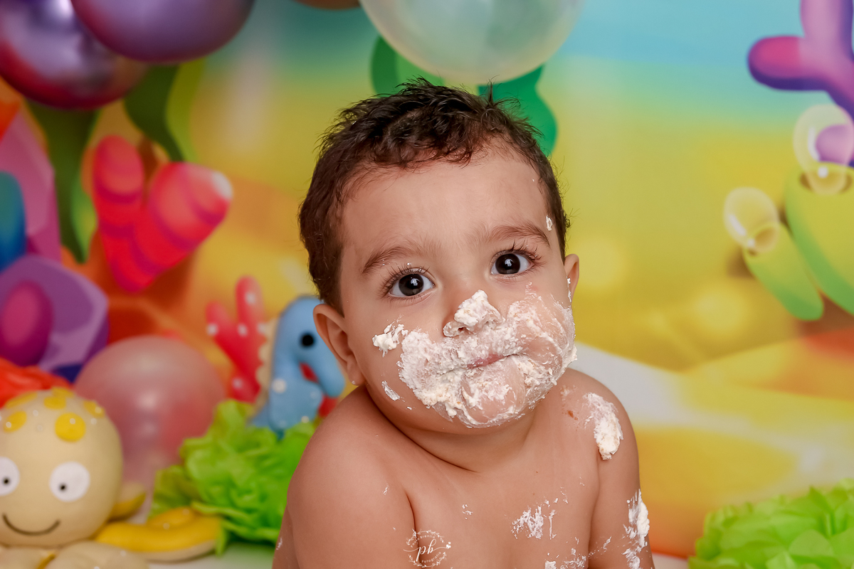 Smash the cake - menino mergulhador - fundo do mar - mar - foto de criança - ensaio 1 ano - cenário fundo do mar