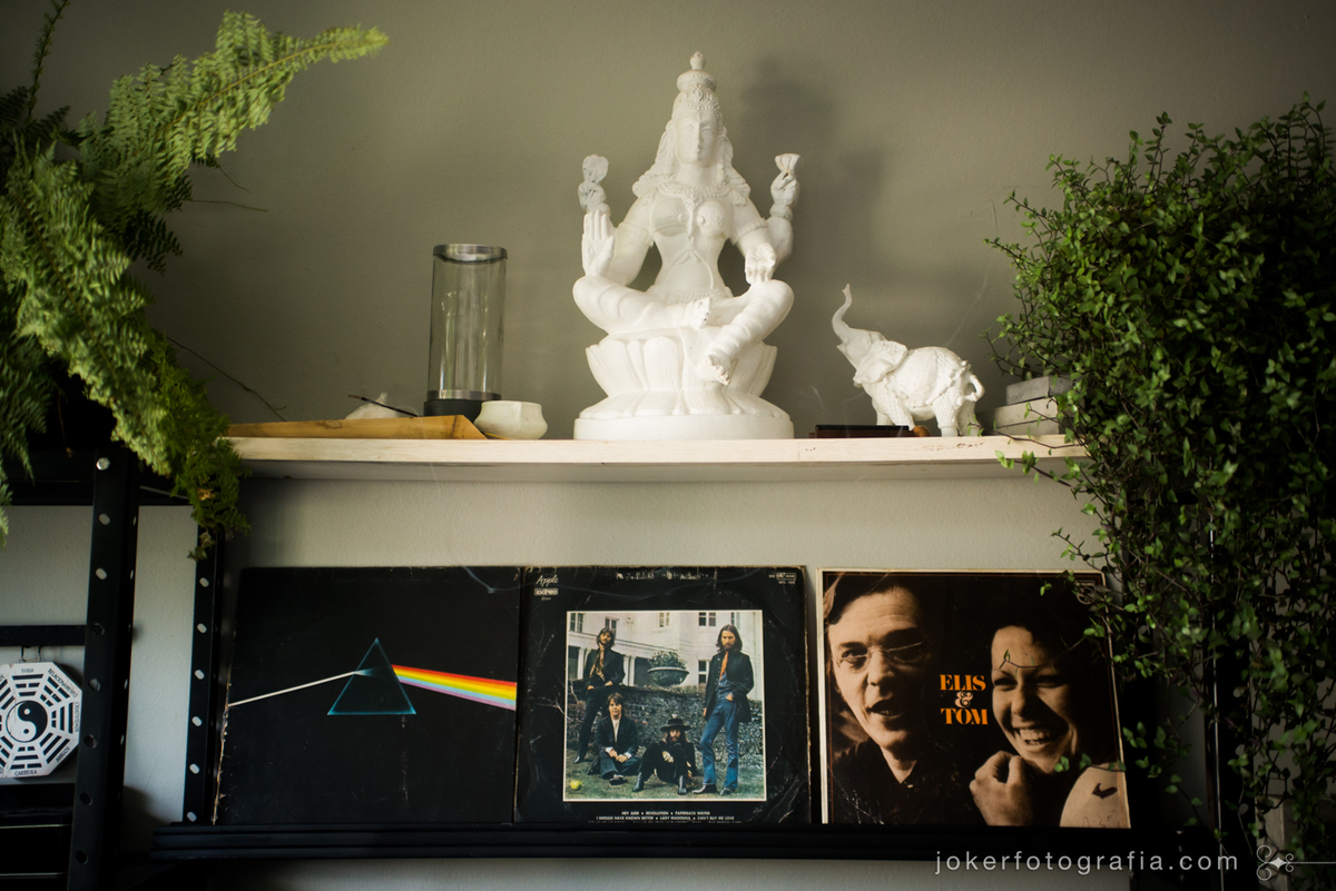 inspiração de decoração para apartamento com estátuas indianas e discos de vinil do pink floyd e beatles