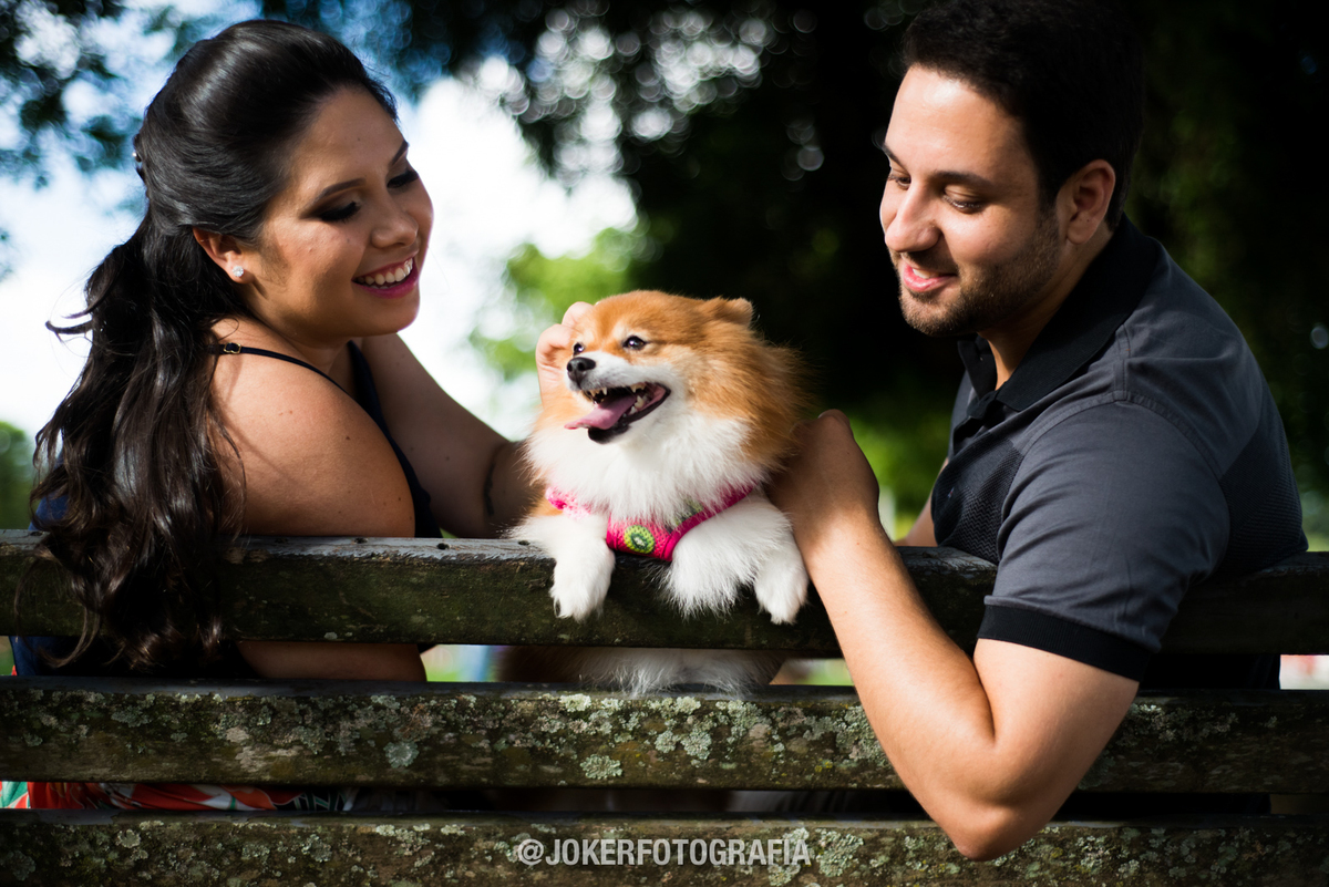 ensaio de casal com cachorro no parque