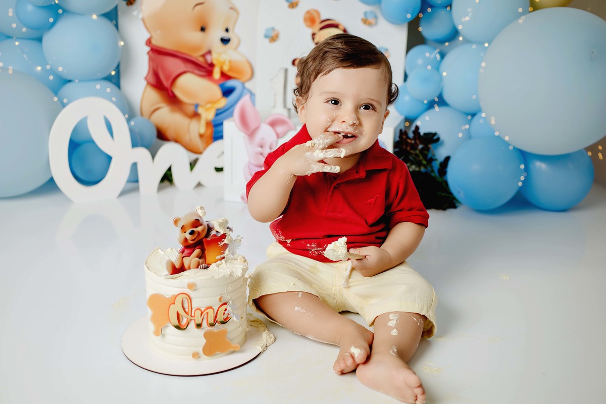 Smash the cake ursinho Pooh estúdio Aline Araujo Fotografia Belo Horizonte MG