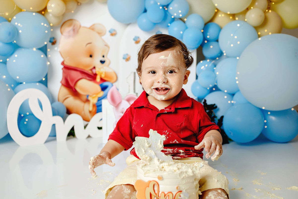 Smash the cake ursinho Pooh estúdio Aline Araujo Fotografia Belo Horizonte MG
