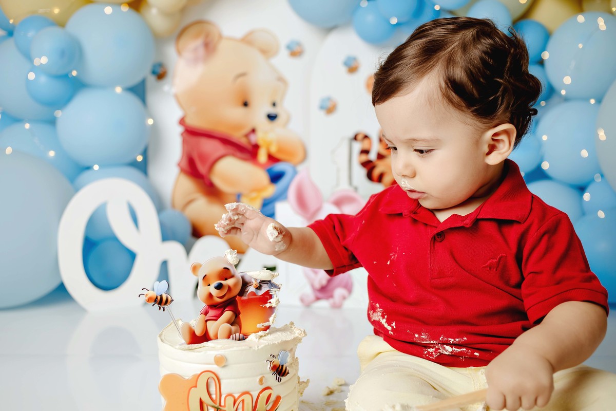 Smash the cake ursinho Pooh estúdio Aline Araujo Fotografia Belo Horizonte MG