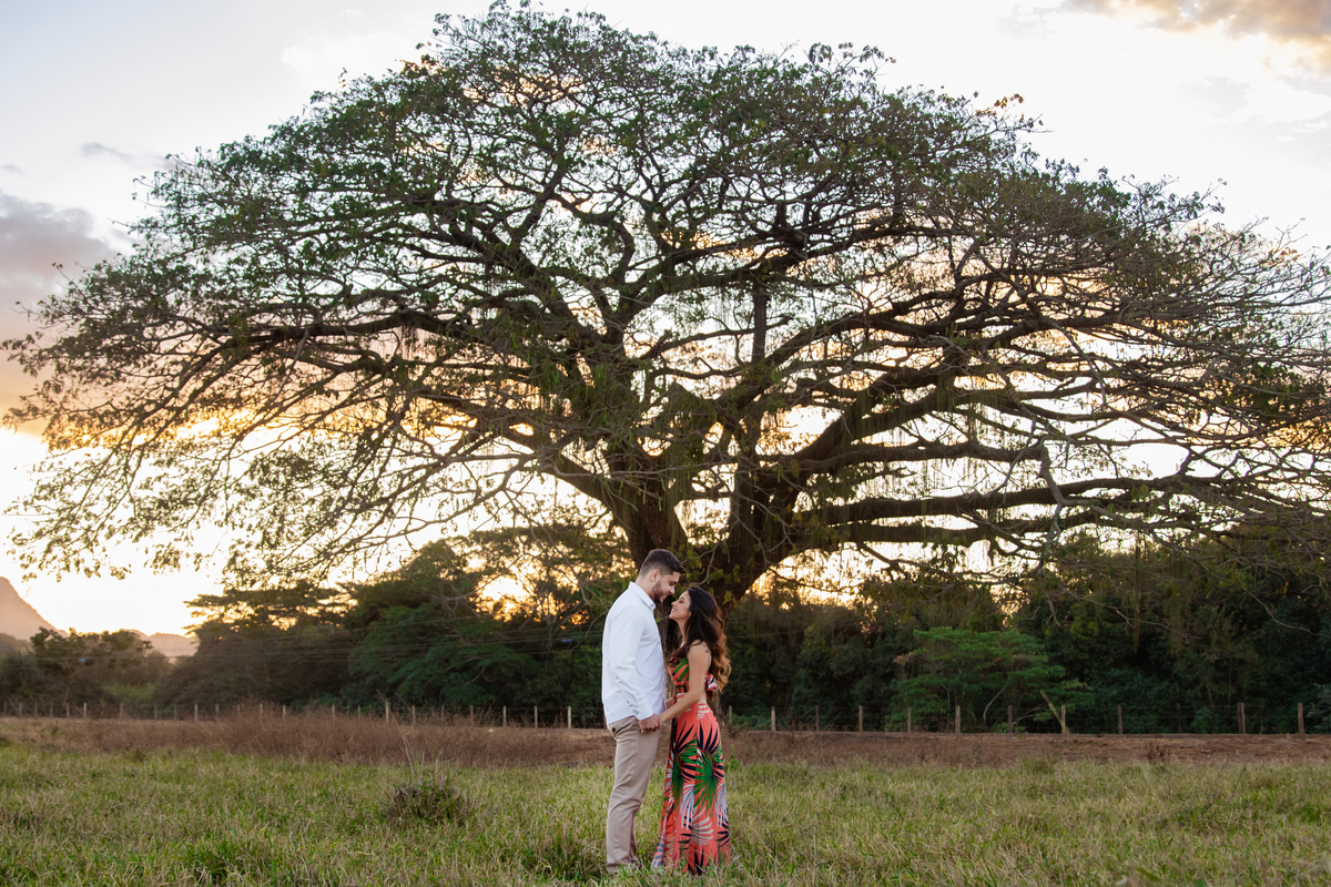  Casal abraçados em baixo de uma arvore enorme e linda em seu ensaio pre casamento. A noiva usa vestido laranja combinando como por do sol em Itaocara no interior do Rio de Janeiro.