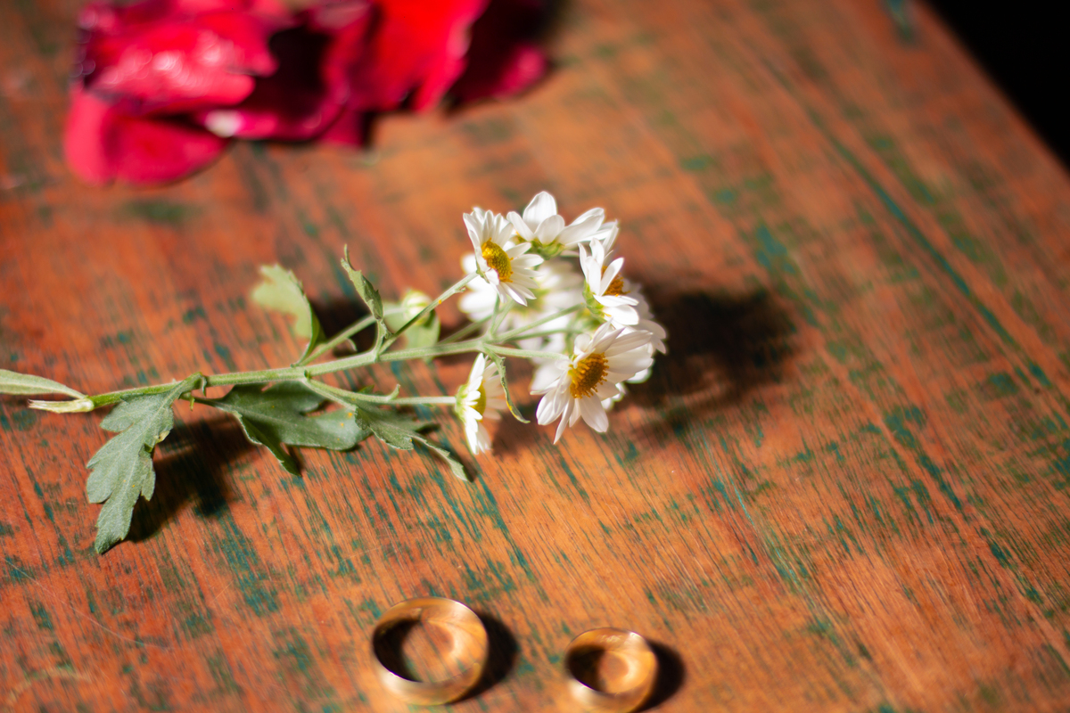 Detalhes de Fotos das alianças com flores usadas na decoração do casamento durante a festa em Santo Antônio de Pádua interior do Rio de Janeiro. 