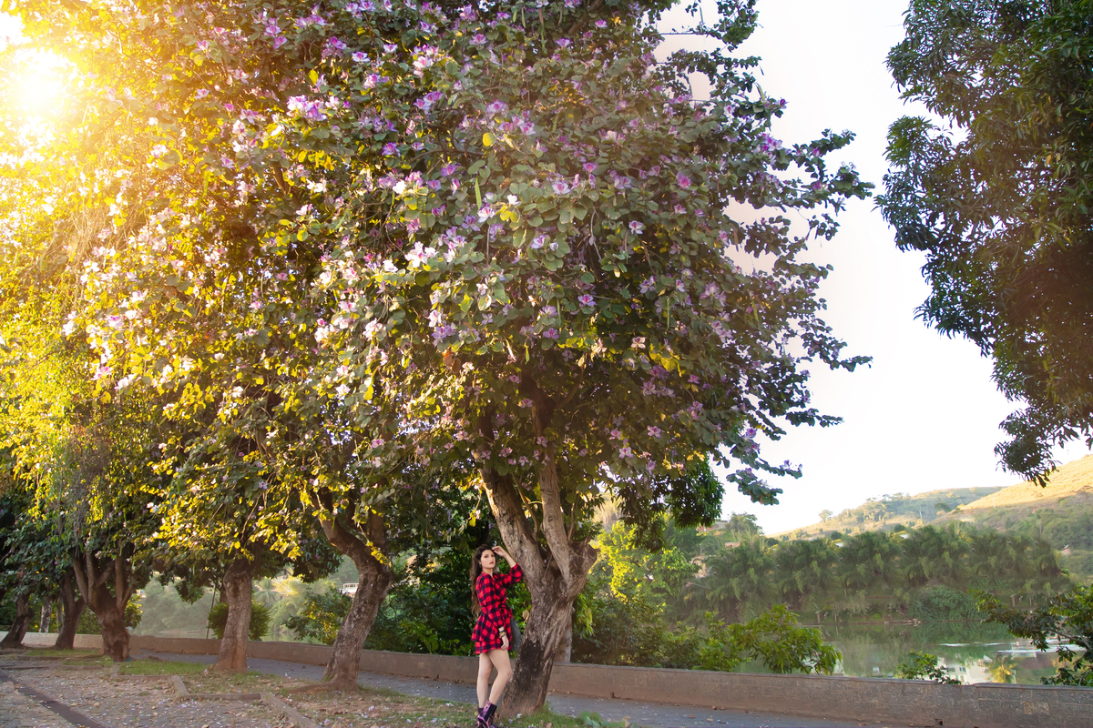 Ensaio de 15 , debutante sorrindo,  vestindo roupa xadrez em pôr do sol em um dia ensolarado em Santo Antônio de Pádua no interior do Rio de Janeiro.