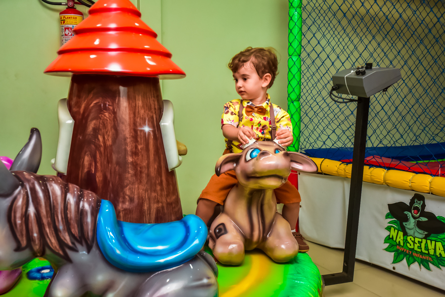 o aniversariante brincando nos brinquedos do Buffet A Selva