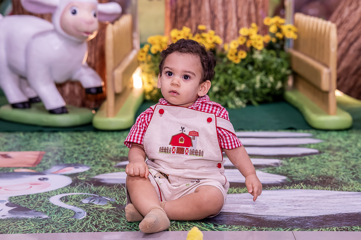 Close-up do Renan, com chapéu de fazendeiro, em frente ao painel temático da Fazendinha.
