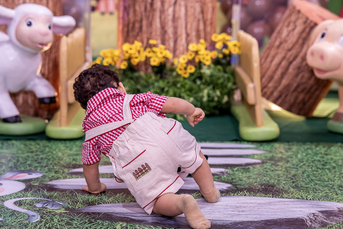 Renan interagindo com a decoração da Fazendinha, em pose fofa para a fotografia infantil.