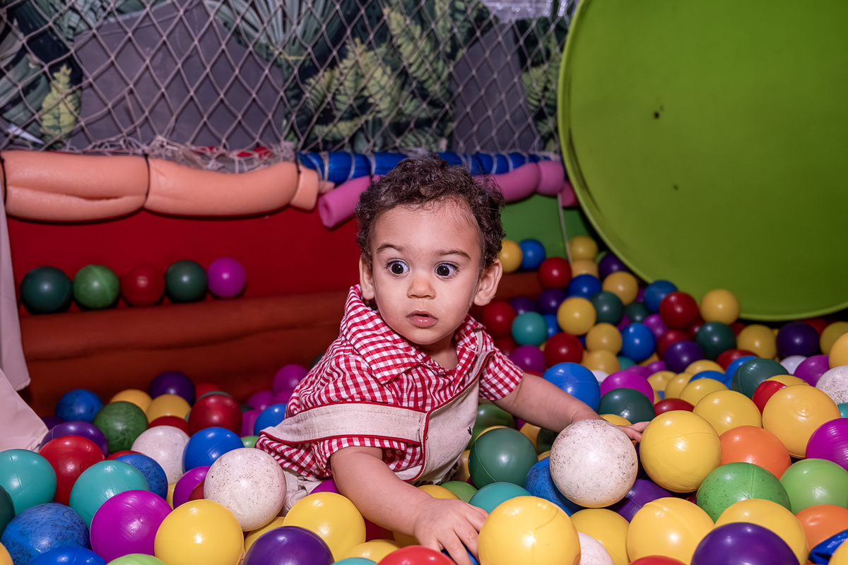Renan sorrindo durante o parabéns, com o bolo da Fazendinha ao fundo.