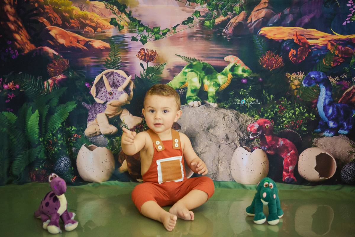 fotografia de menino em estudio em maringa, foto mensal  tema dinossauro 