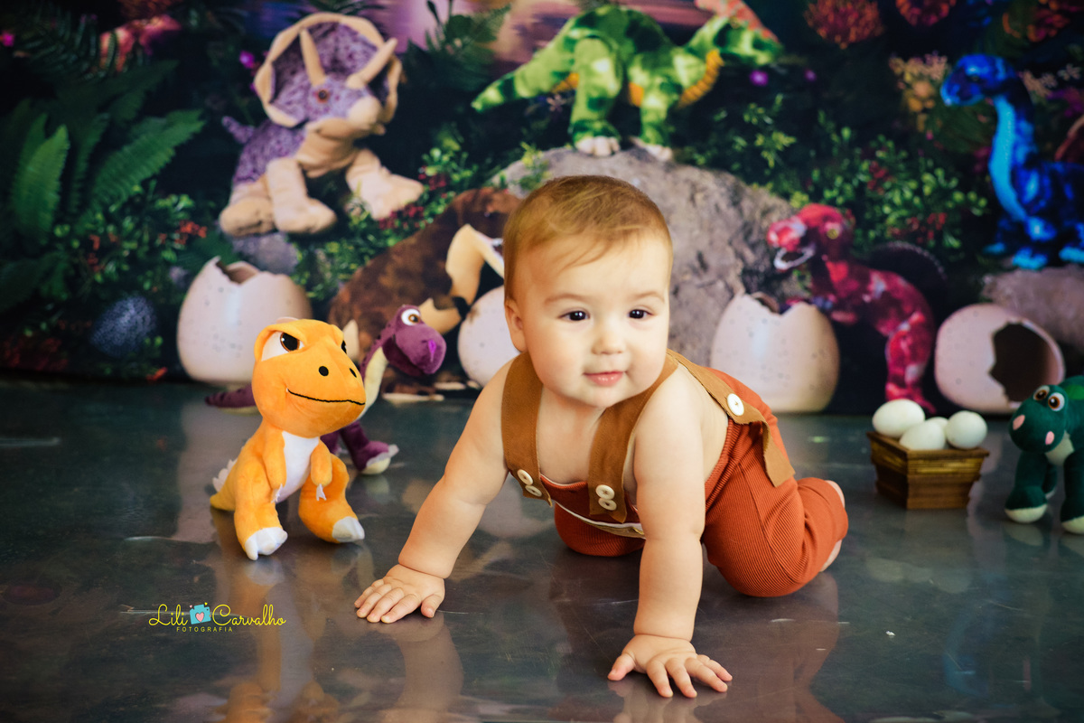 ensaio fotografico de estudio, tema dinossauro, Maringá engatinhando