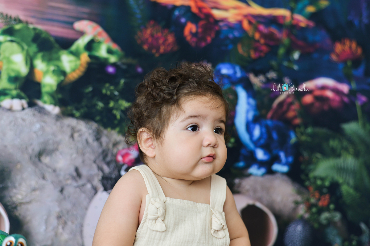 ensaio fotografico de bebê tema dinossauro fofo olhando para lado