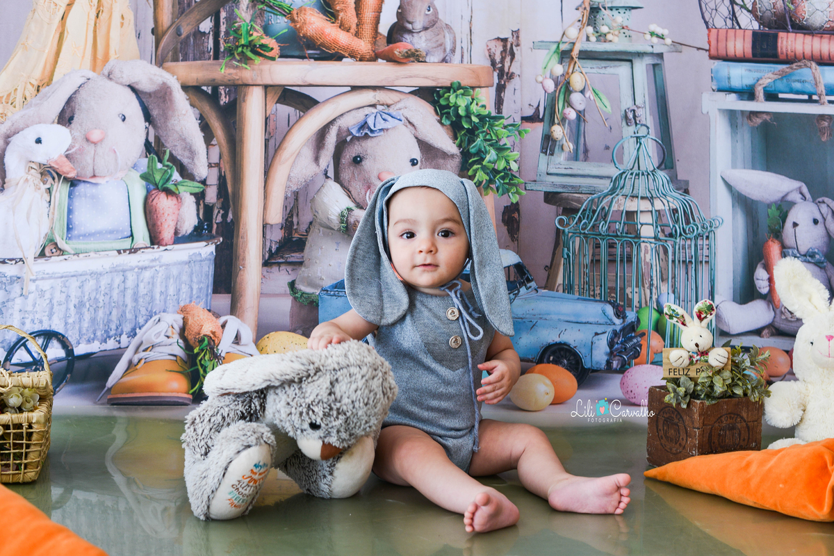 foografia de bebê no tema de páscoa realizado em Maringá abraçando coelhinho 