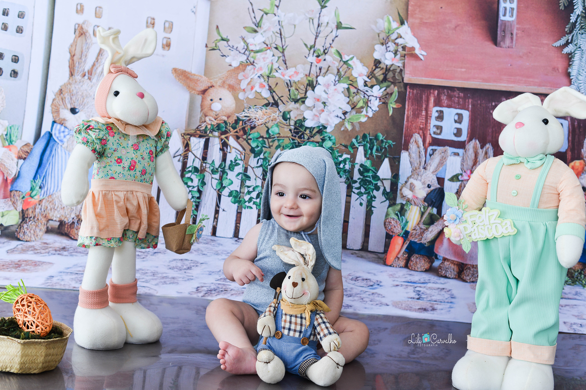 foografia de bebê no tema de páscoa realizado em Maringá abraçando coelhinho 