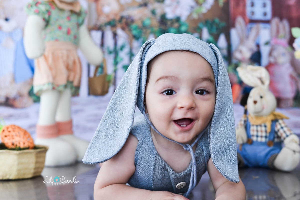foografia de bebê no tema de páscoa realizado em Maringá bem de rosto