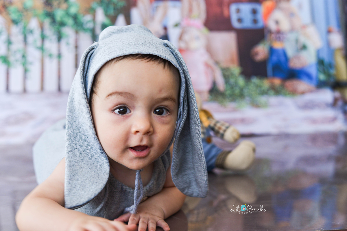 foografia de bebê no tema de páscoa realizado em Maringá observando 