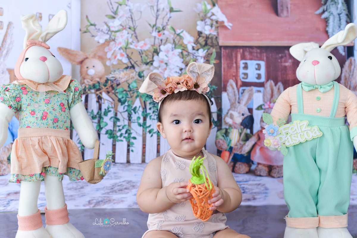 foto de bebe em maringa, tema pascoa, ensaio no estudio  pegando cenoura 