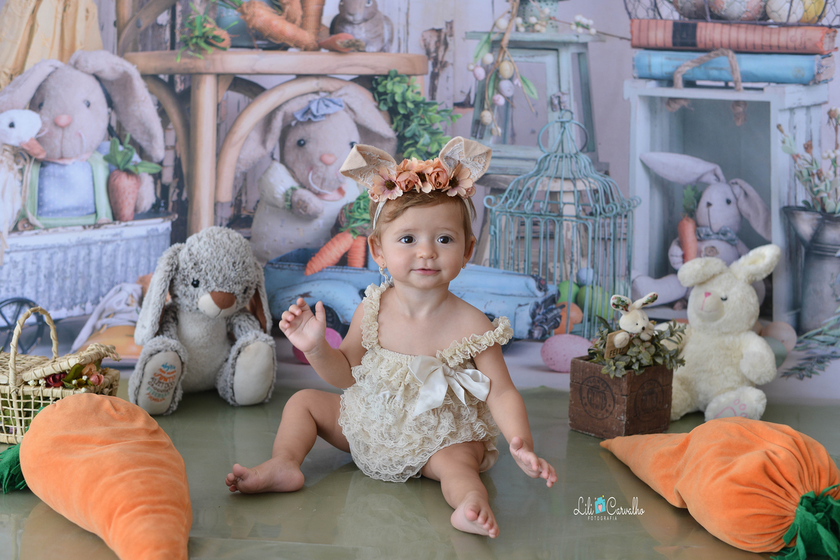 foto de criança em ensaio de pascoa em Maringá  cenouras 