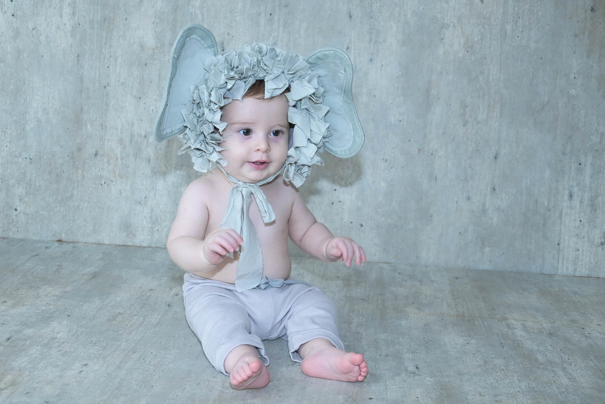 ensaio de acompanhamento mensal em Maringá, tema elefantinho  menino sorrindo 