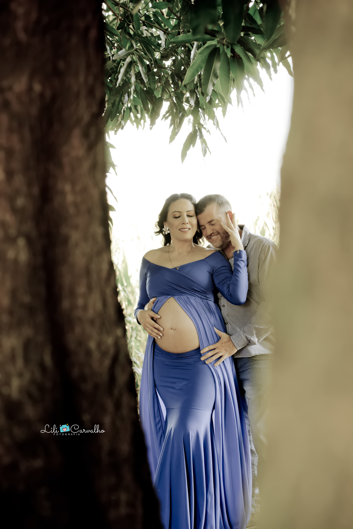 fotografia de gestante no sitio em Maringá  vestido azul 