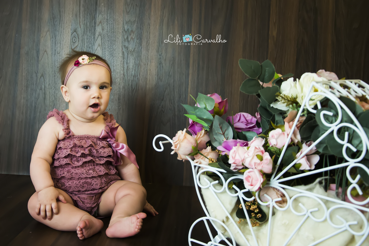 acompanhamento mensal de bebe menina em Maringá  carrinho com flores 