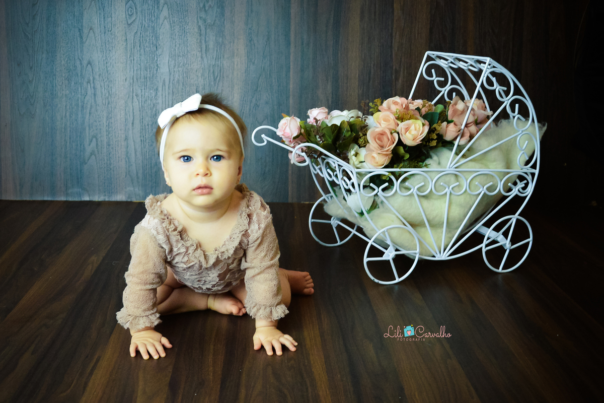fotografia mensal de bebê realizada no estúdio em Maringá carrinho de flores 
