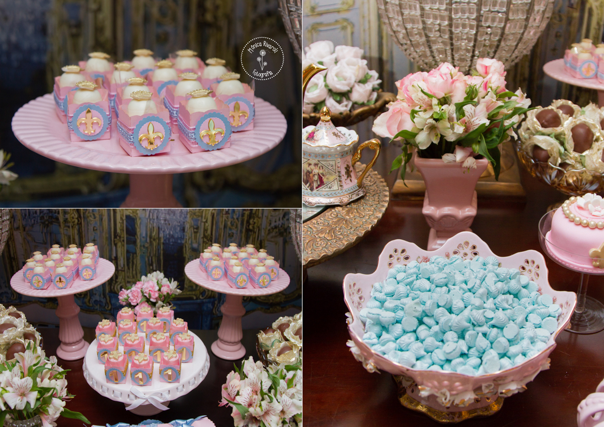 Aqui, estão os docinhos de chocolate branco e uma foto grande dos mini suspiros