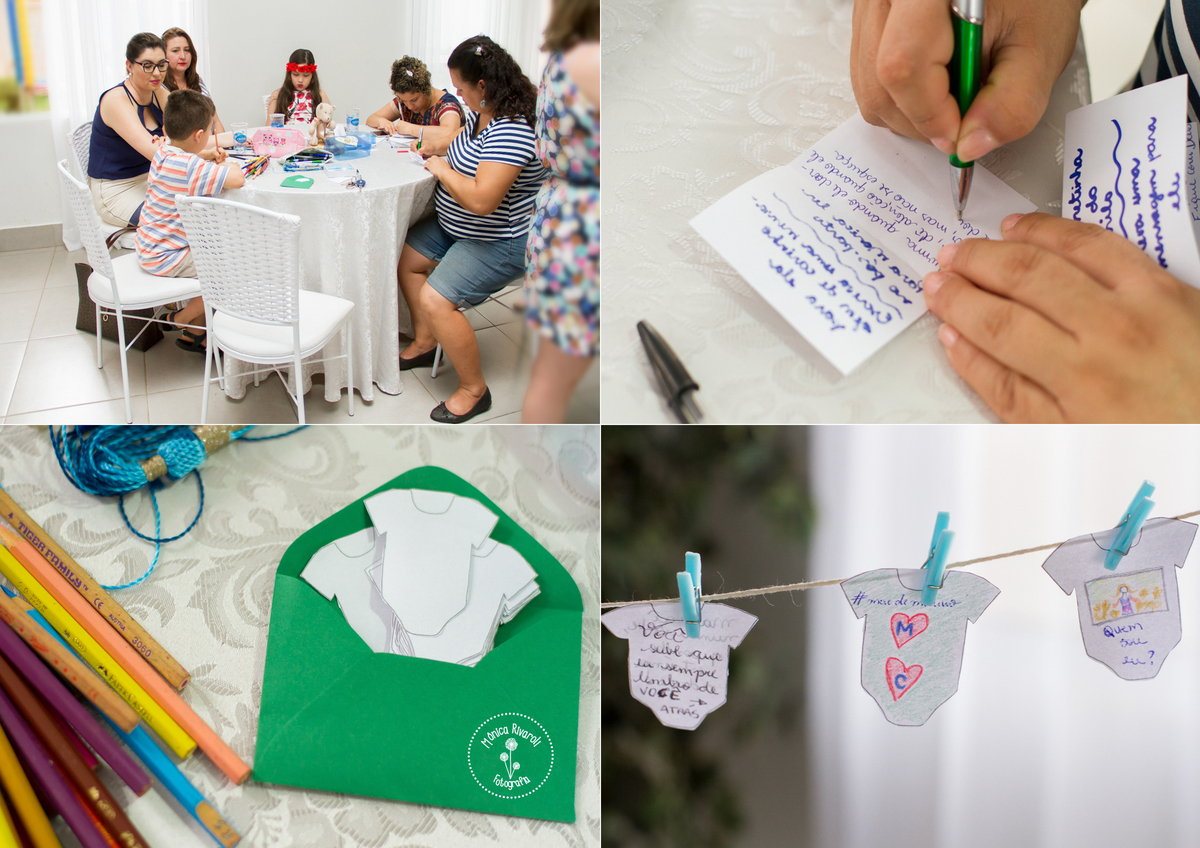 Hora da brincadeira: os convidados faziam a arte/desenho em uma roupinha de papel para a mamãe Mônica tentar descobrir de quem é