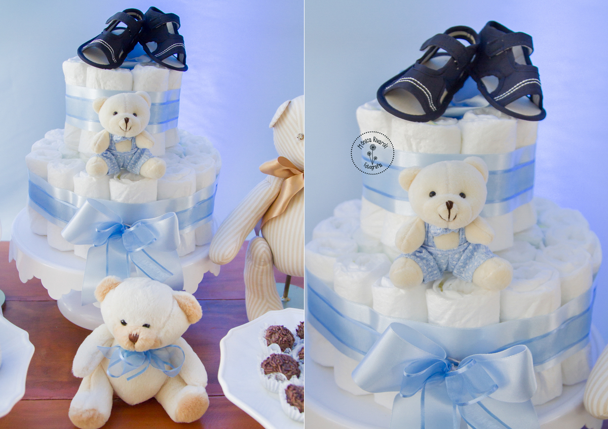 Um close no bolo de fraldas do chá do Murilo que conta com a companhia de muitos ursinhos