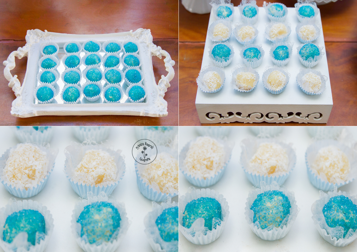 Foco nos doces: beijinho e um docinho cristalizado azul que estava uma delícia!
