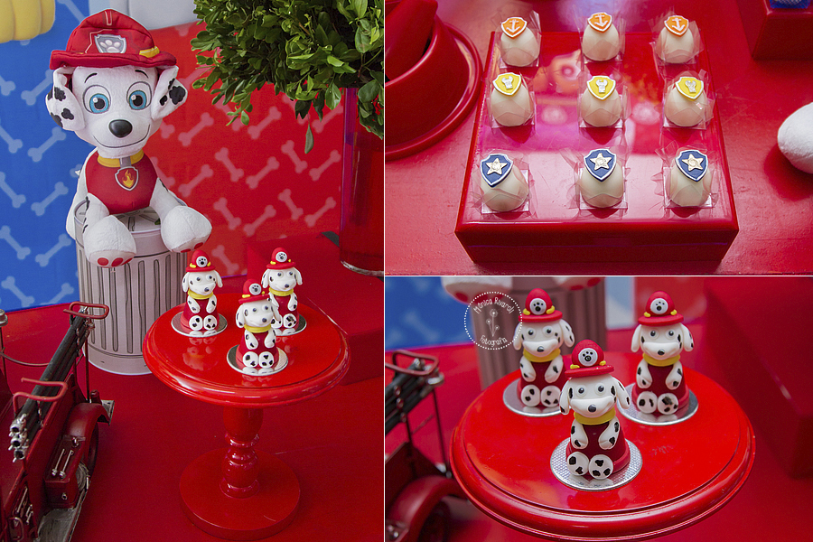 Sequência de três fotos do cachorrinho bombeiro e seus docinhos