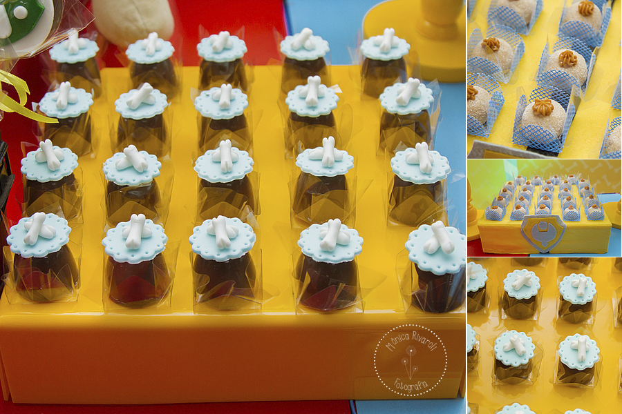 Montagem de quatro fotos de doces amarelos e azuis