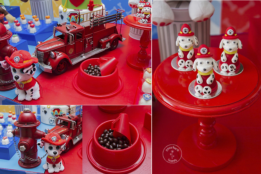 Montagem de quatro fotos dos cachorrinho bombeiro e seus docinhos