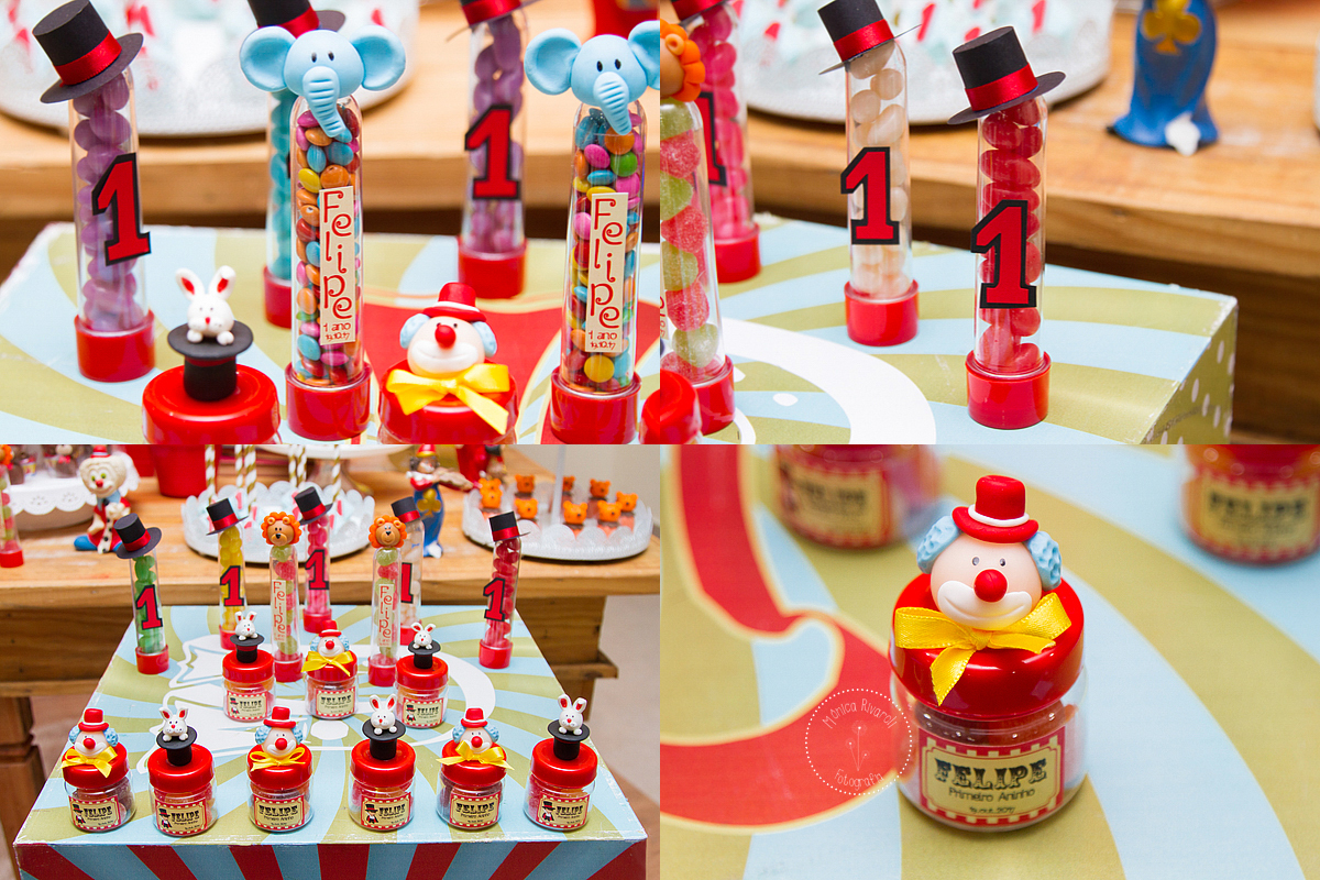 Montagem de quatro fotos da decoração com gominhas dentro de lindos potinhos