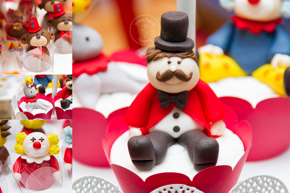 Montagem de quatro fotos de doces com enfeites diferentes