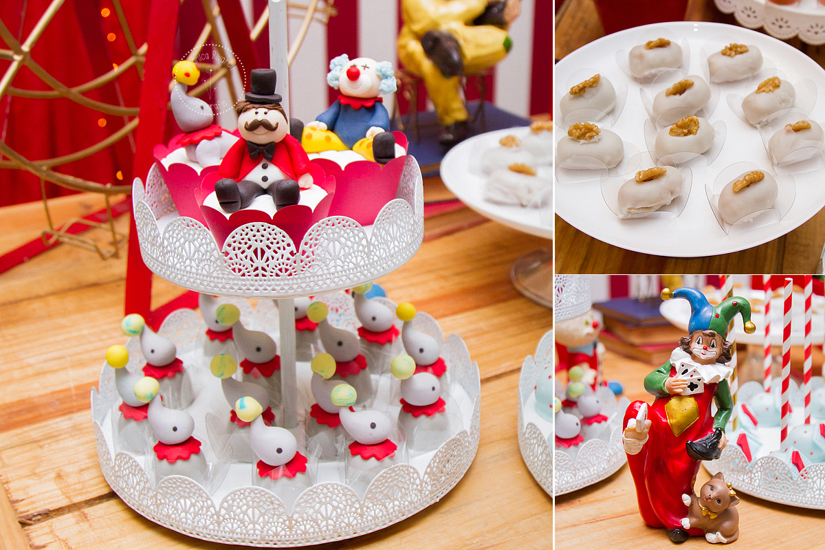 Montagem com três fotos de doces em formados de animais do circo e um palhacinho