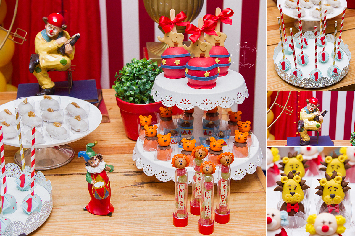 Montagem de quatro fotos com uma mais aberta e as outras com close em docinhos e um palhacinho de enfeite