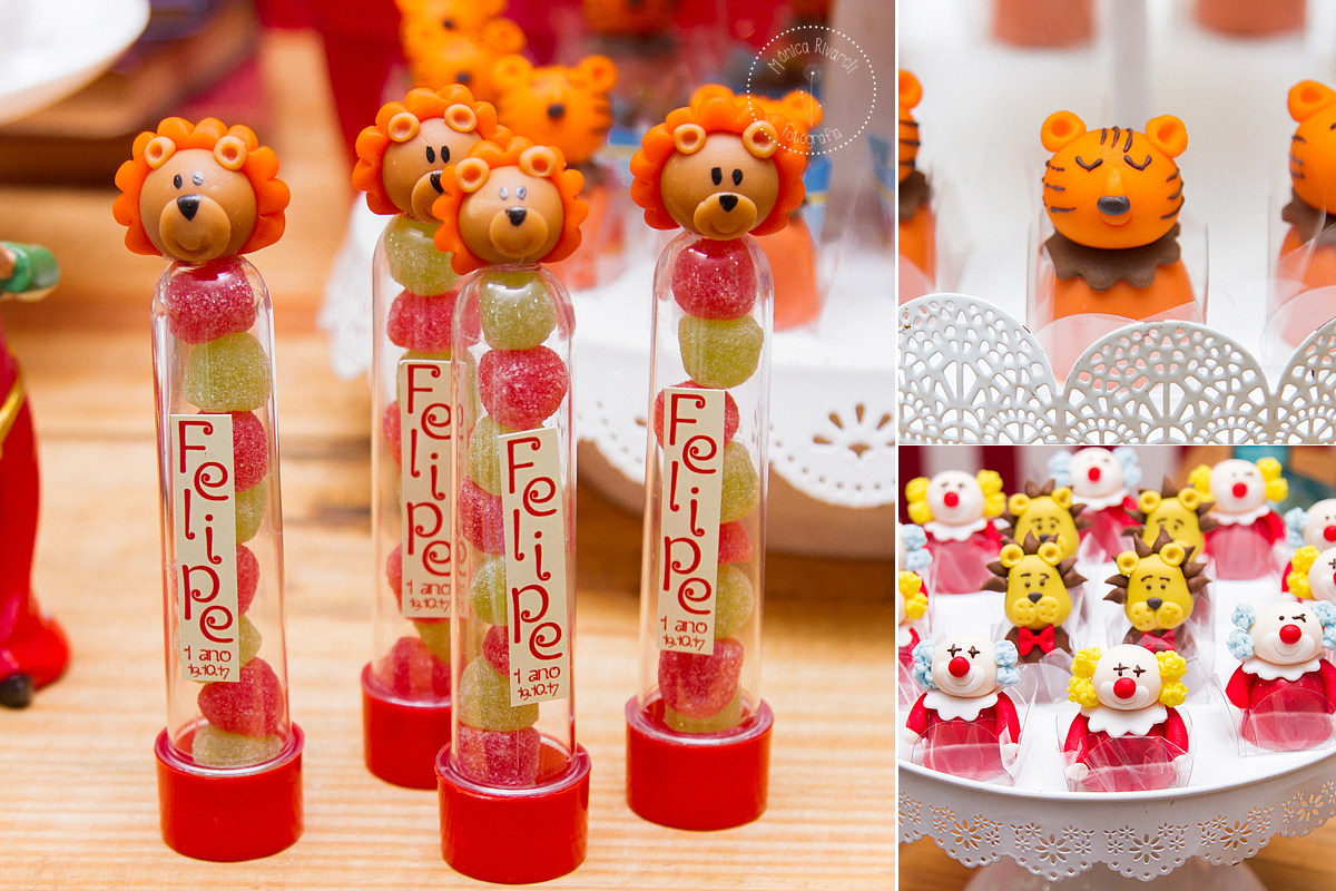 Montagem de três fotos com gominhas e docinhos de leões, tigres e palhacinhos