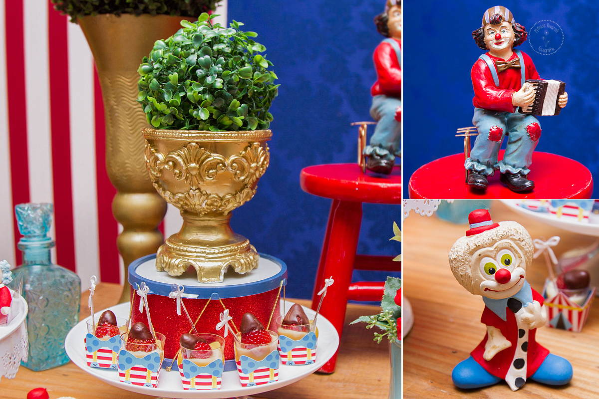 Montagem de três fotos uma de docinho de morango e as outras de palhacinhos 