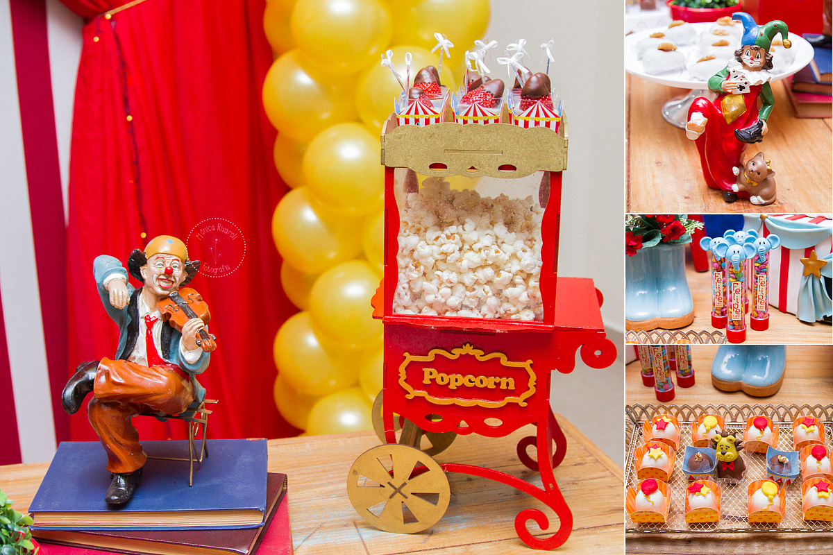 Montagem de quatro fotos de docinhos e decoração