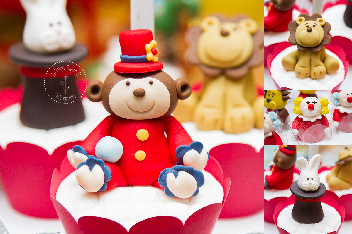 Montagem de quatro fotos de doces um de macaquinho, outro de leão, de palhacinho e de coelho