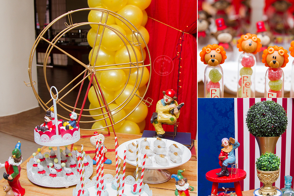 Montagem de três fotos da decoração da mesa e de um potinho com gominhas