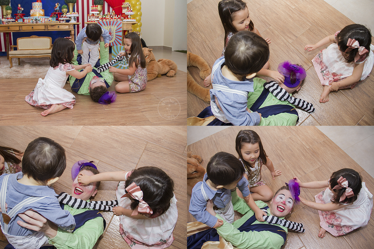 Montagem de quatro fotos das crianças brincando com o palhaço
